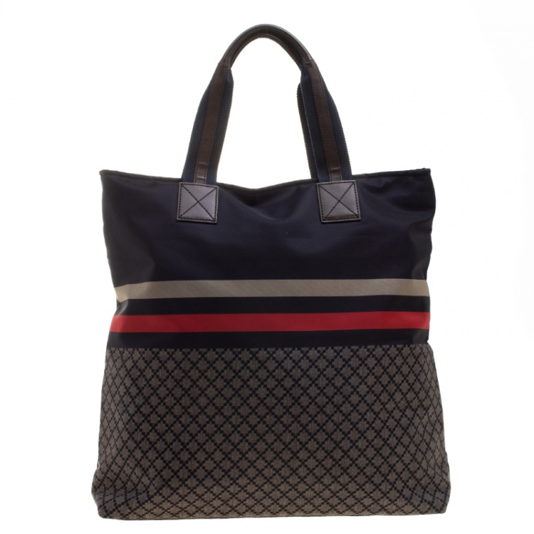 Pre Owned Gucci Dark Blue Web Diamante Nylon Tall Zip Tote 