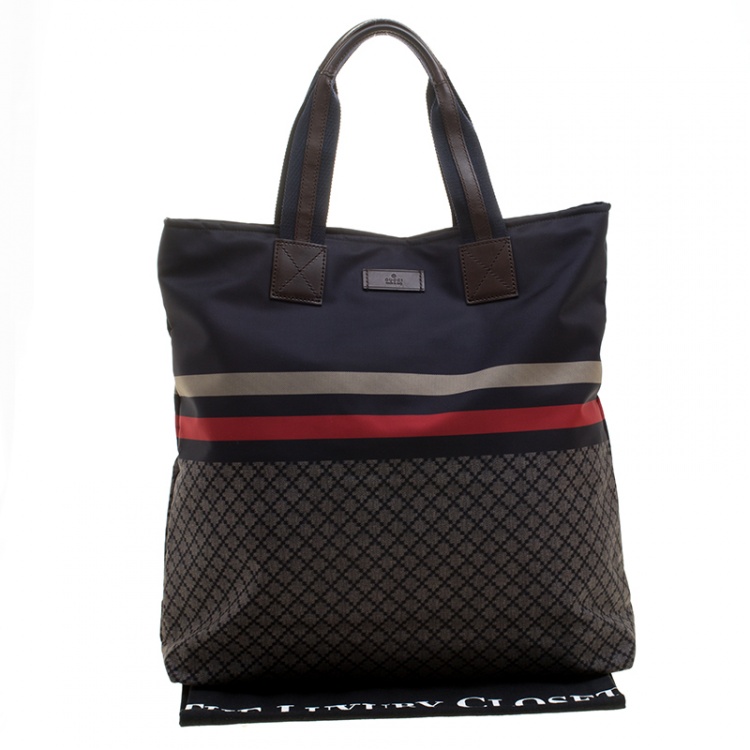 Pre Owned Gucci Dark Blue Web Diamante Nylon Tall Zip Tote 