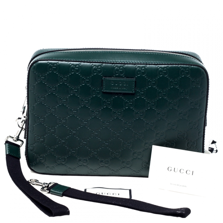 Pre Owned Gucci Dark Green Guccissima Leather Pouch 