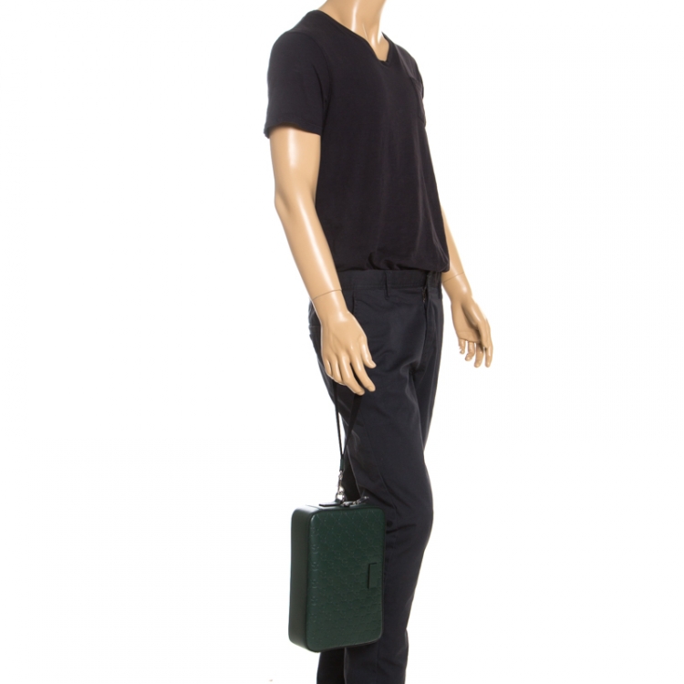 Pre Owned Gucci Dark Green Guccissima Leather Zip Wristlet Pouch