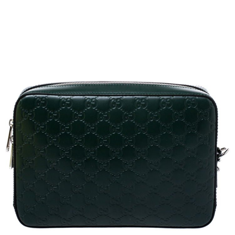 Pre Owned Gucci Dark Green Guccissima Leather Zip Wristlet Pouch