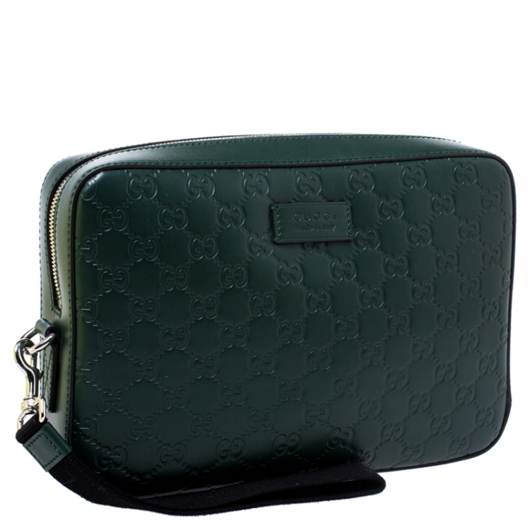 Pre Owned Gucci Dark Green Guccissima Leather Zip Wristlet Pouch