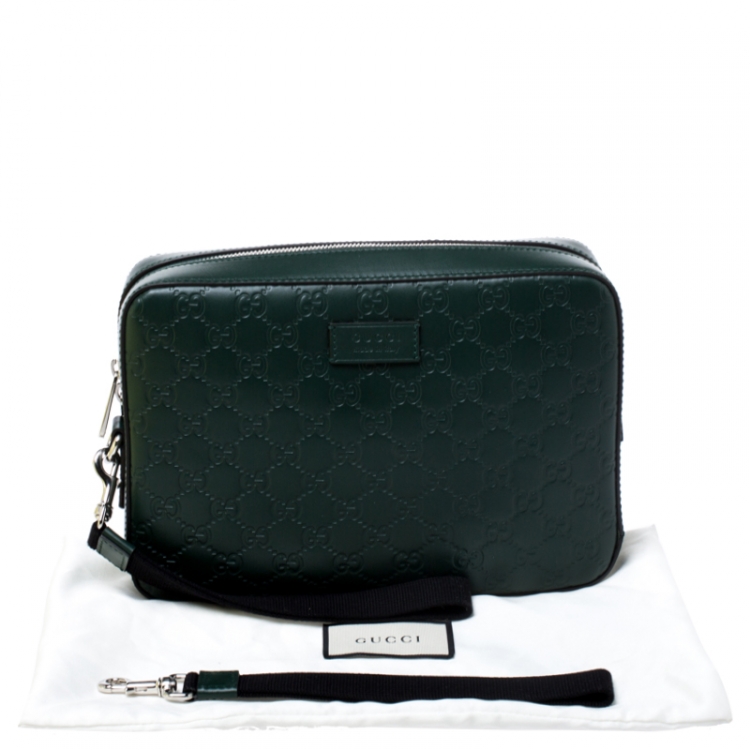 Pre Owned Gucci Dark Green Guccissima Leather Zip Wristlet Pouch