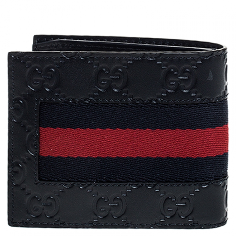 Pre Owned Gucci Navy Bllue Guccissima Leather Web Bifold Wallet
