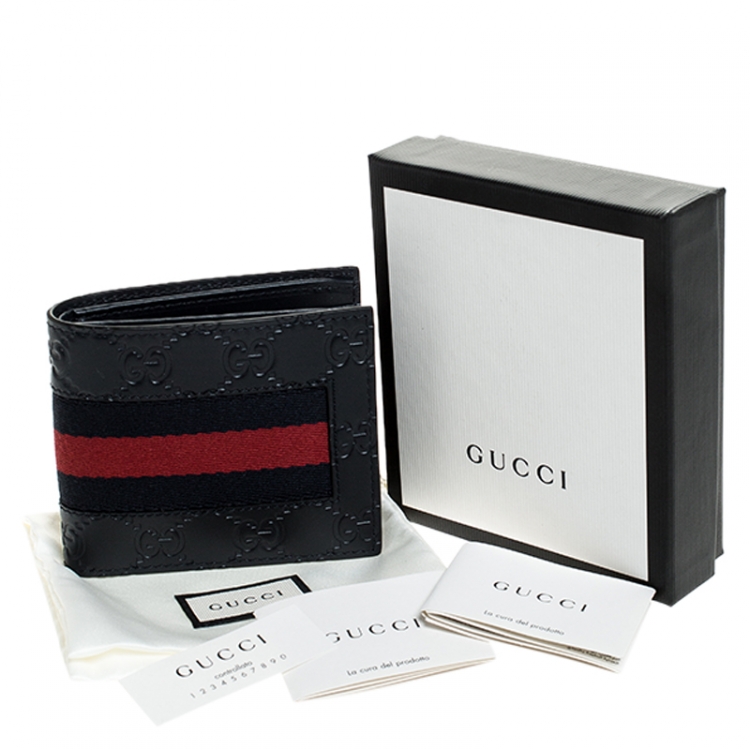 Pre Owned Gucci Navy Bllue Guccissima Leather Web Bifold Wallet