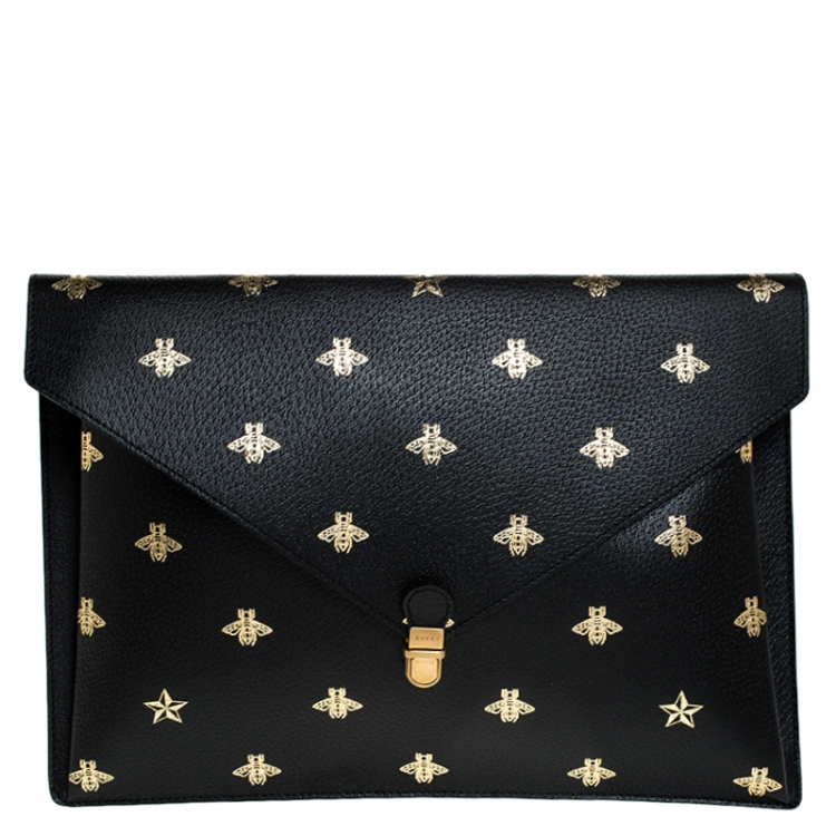 Gucci Black Bee Star Leather Portfolio Clutch Gucci | The Luxury Closet