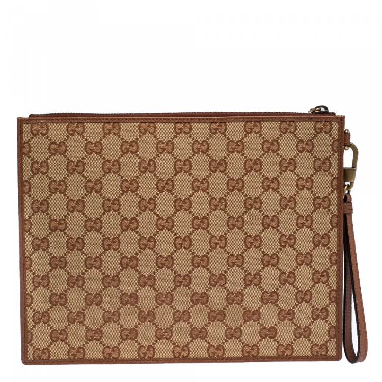 Pre Owned Gucci Beige GG Canvas and Leather NY Yankees™ Patch Wristlet Pouch