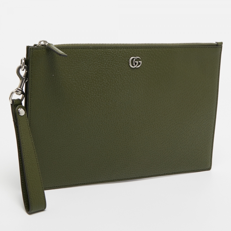 Pre Owned Gucci Fatigue Green Leather GG Marmont Pouch