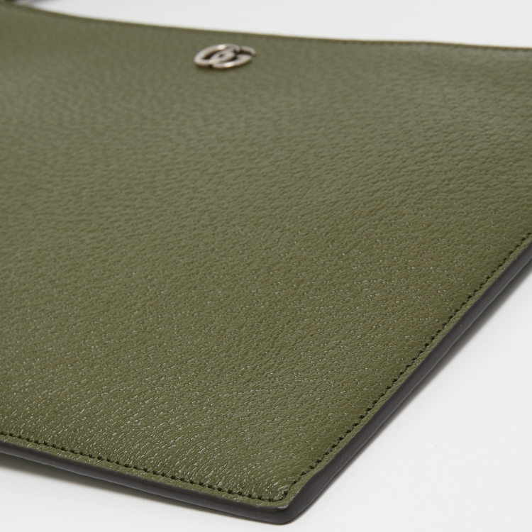 Pre Owned Gucci Fatigue Green Leather GG Marmont Pouch
