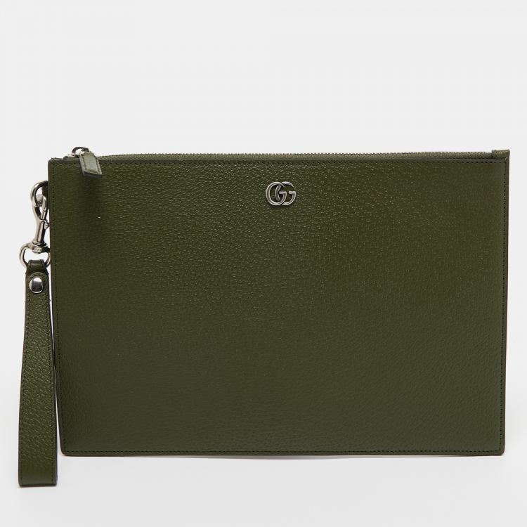 Pre Owned Gucci Fatigue Green Leather GG Marmont Pouch