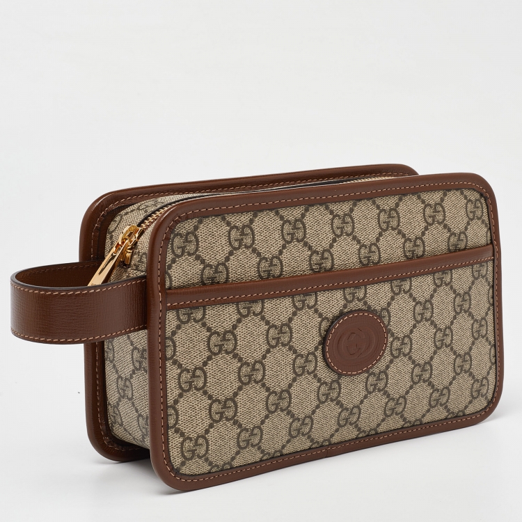 Pre Owned Gucci Brown/Tan GG Supreme Canvas and Leather Pouch
