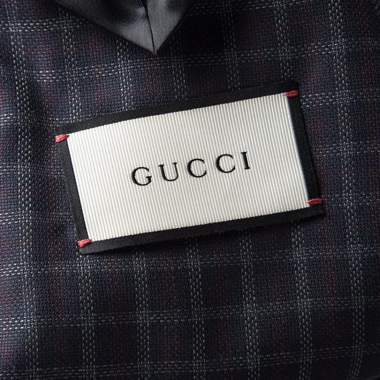Pre Owned Gucci Navy Blue Checkered Wool Contrast Piping Detail Regular Fit Blazer L