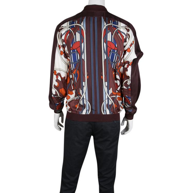 Pre Owned Gucci Multicolor Printed Silk Zip Front Bomber Jacket L