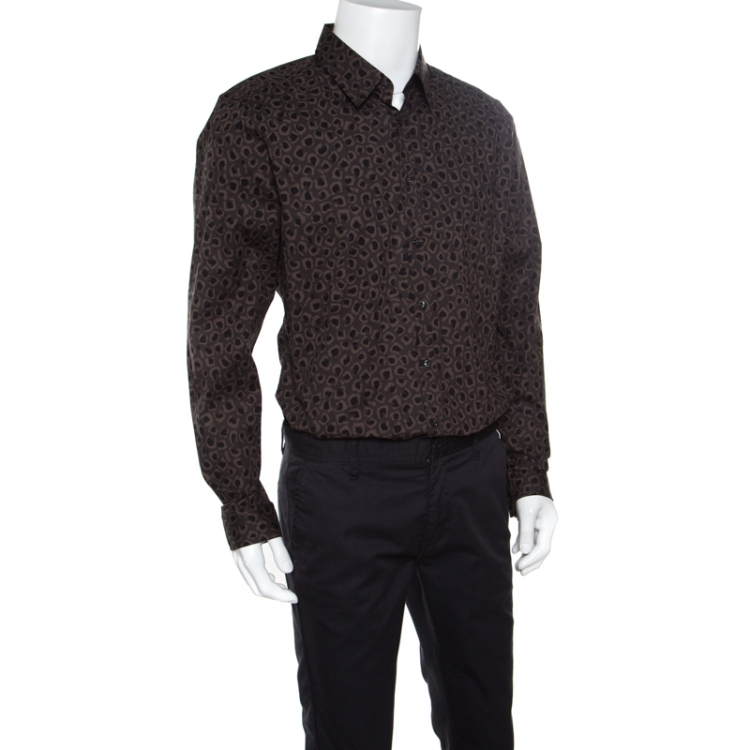 Pre Owned Gucci Dark Brown Leopard Printed Cotton Button Front Shirt 3XL
