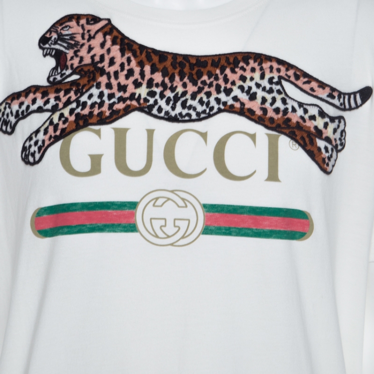 Pre Owned Gucci White Cotton Jersey Embroidered Leopard Patch T-Shirt M 