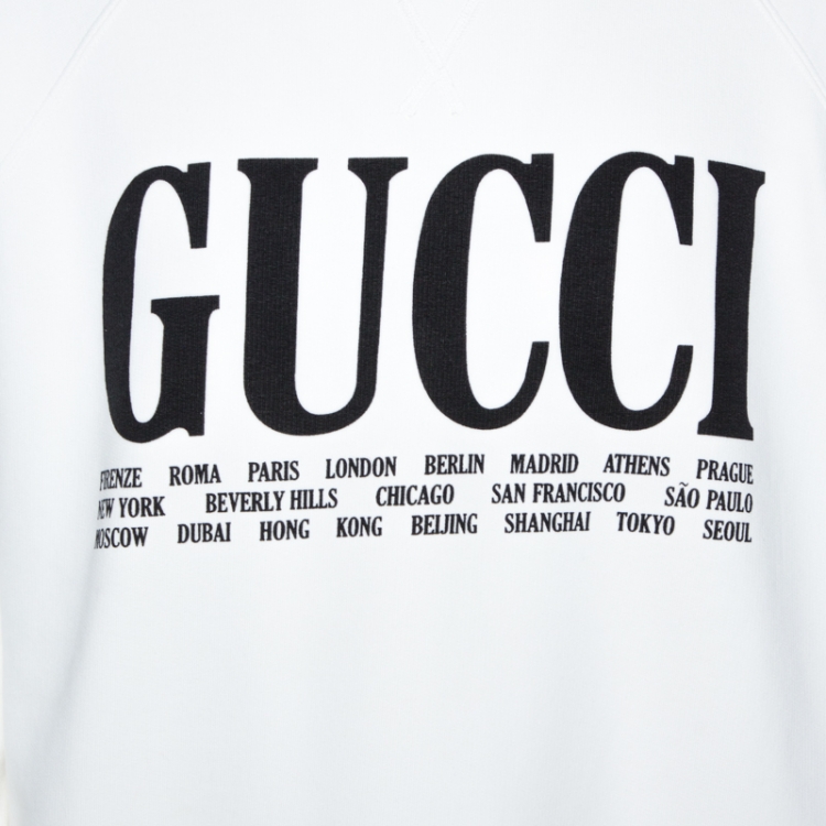 Pre Owned Gucci White Logo & Cities Print Cotton Sweatshirt M