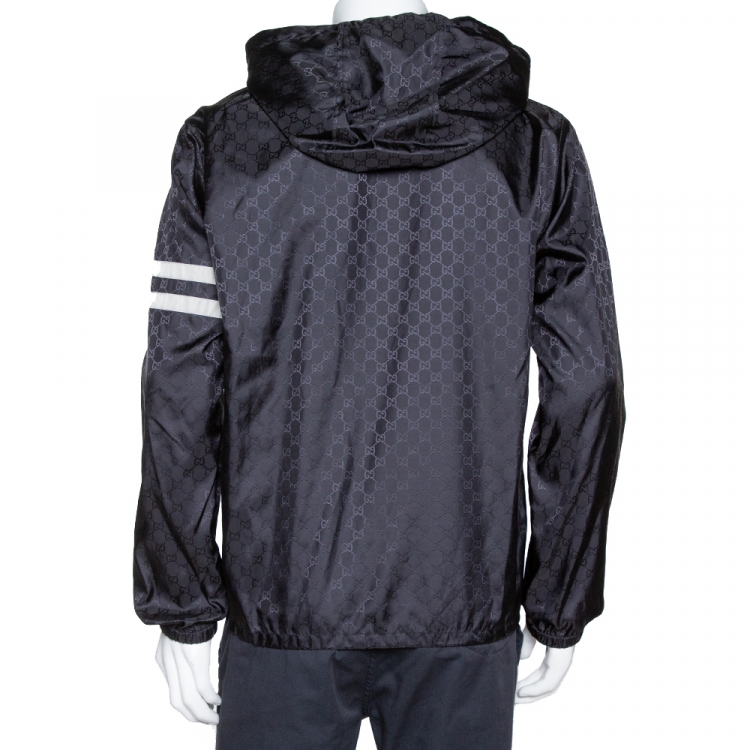 Pre Owned Gucci Black Logo Pattern Stripe Detail Hooded Shell Jacket XL