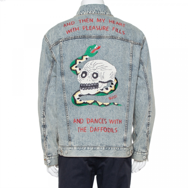 �مملوكة مسبقًا Gucci Blue Faded Denim Heart Appliqué & Embroidered Oversized Jacket XS