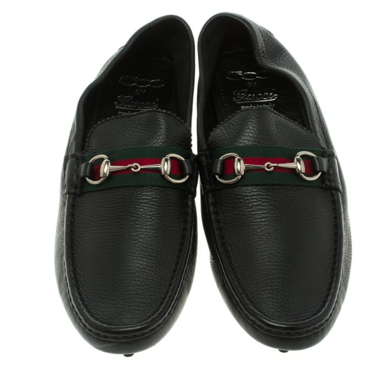 Pre Owned 500 By Gucci Black Leather Horsebit Web Detail Driver Loafers Size 45