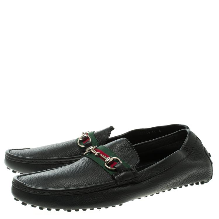 Pre Owned 500 By Gucci Black Leather Horsebit Web Detail Driver Loafers Size 45