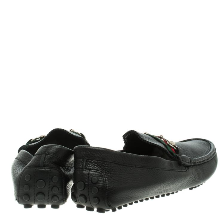 Pre Owned 500 By Gucci Black Leather Horsebit Web Detail Driver Loafers Size 45