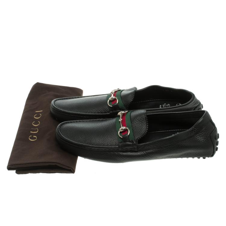 Pre Owned 500 By Gucci Black Leather Horsebit Web Detail Driver Loafers Size 45