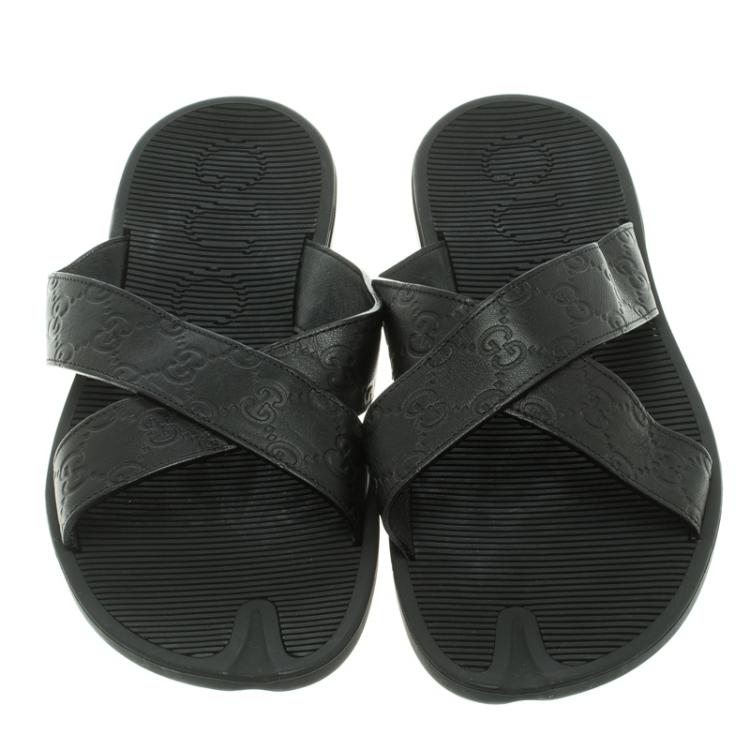Pre Owned Gucci Black Guccissima Leather Cross Strap Slide Sandals Size 45