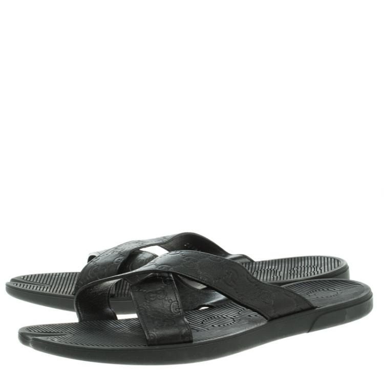 Pre Owned Gucci Black Guccissima Leather Cross Strap Slide Sandals Size 45