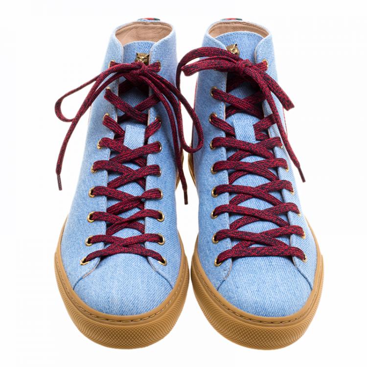 Pre Owned Gucci Denim and Leather Major Rainbow High Top Sneakers Size 42.5