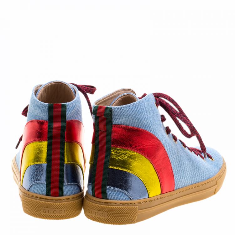 Pre Owned Gucci Denim and Leather Major Rainbow High Top Sneakers Size 42.5