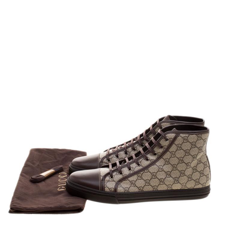 Pre Owned Gucci Beige GG Supreme Canvas and Leather Cap Toe High Top Sneakers Size 49