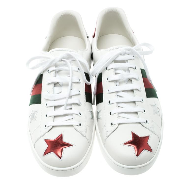 Pre Owned Gucci White Leather Ace Metallic Stars Low Top Sneakers Size 46.5