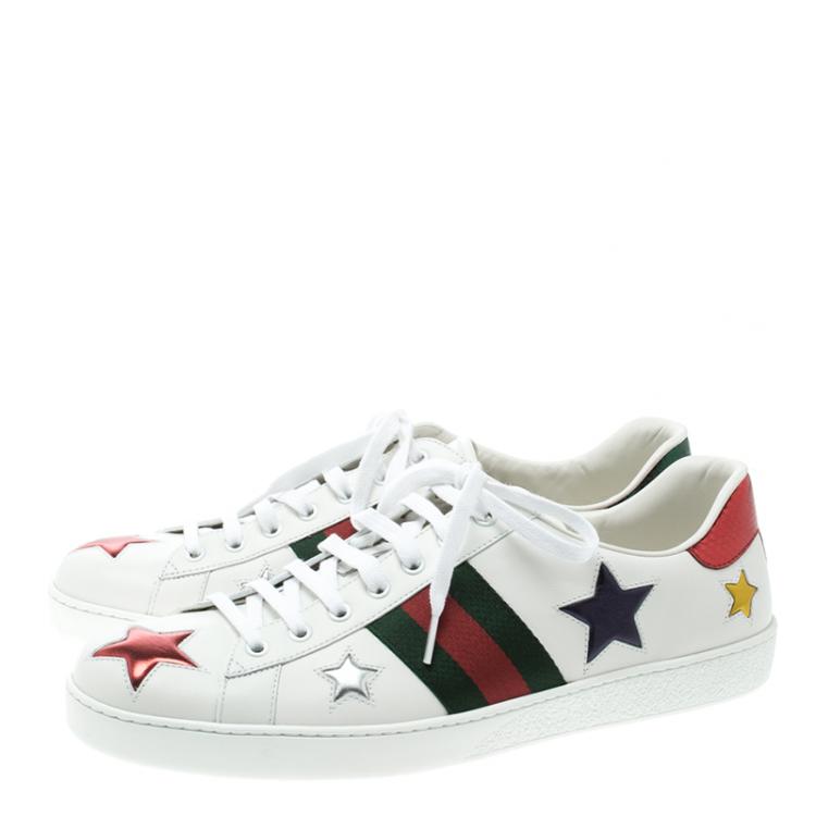 Pre Owned Gucci White Leather Ace Metallic Stars Low Top Sneakers Size 46.5