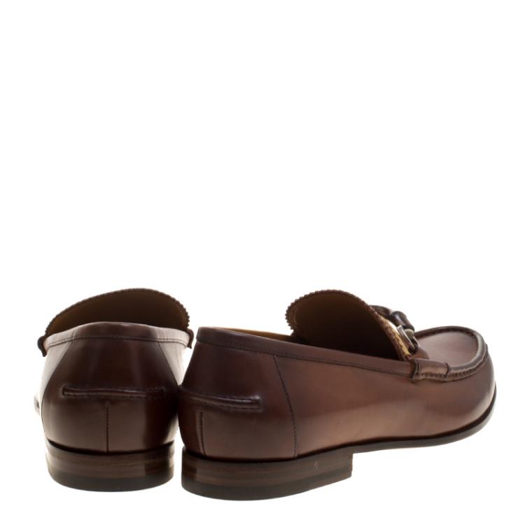 Pre Owned Gucci Brown Leather Bamboo Horsebit Web Detail Loafers Size 41