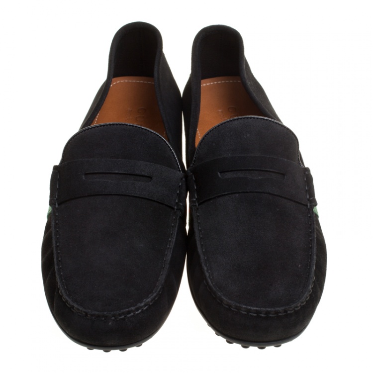 Pre Owned Gucci Black Suede Web Trim Detail Loafers Size 46.5