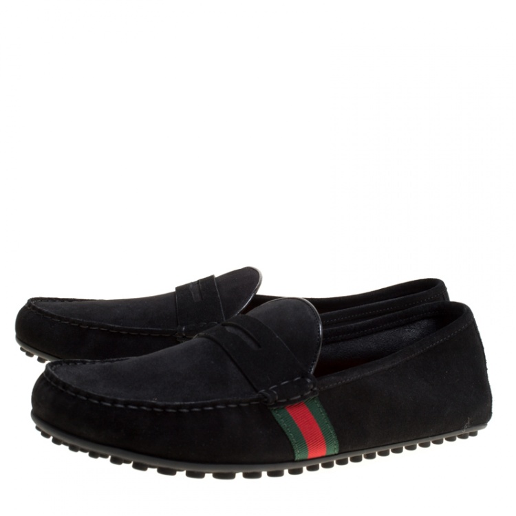 Pre Owned Gucci Black Suede Web Trim Detail Loafers Size 46.5