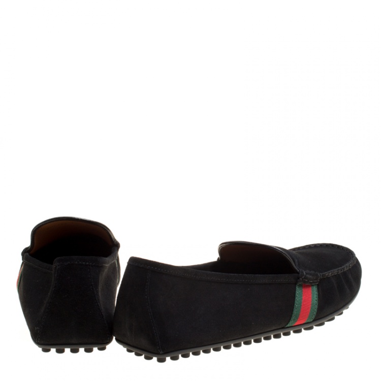 Pre Owned Gucci Black Suede Web Trim Detail Loafers Size 46.5