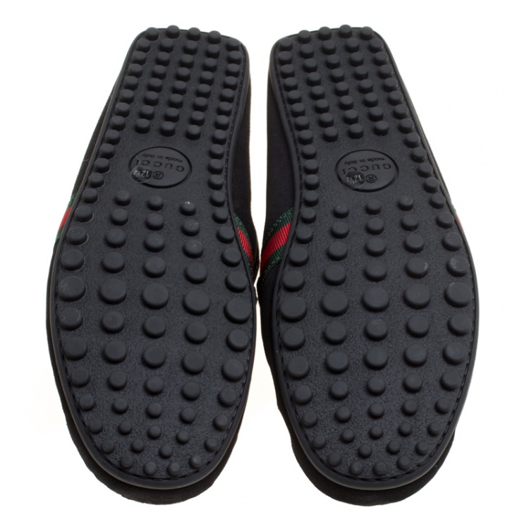 Pre Owned Gucci Black Suede Web Trim Detail Loafers Size 46.5