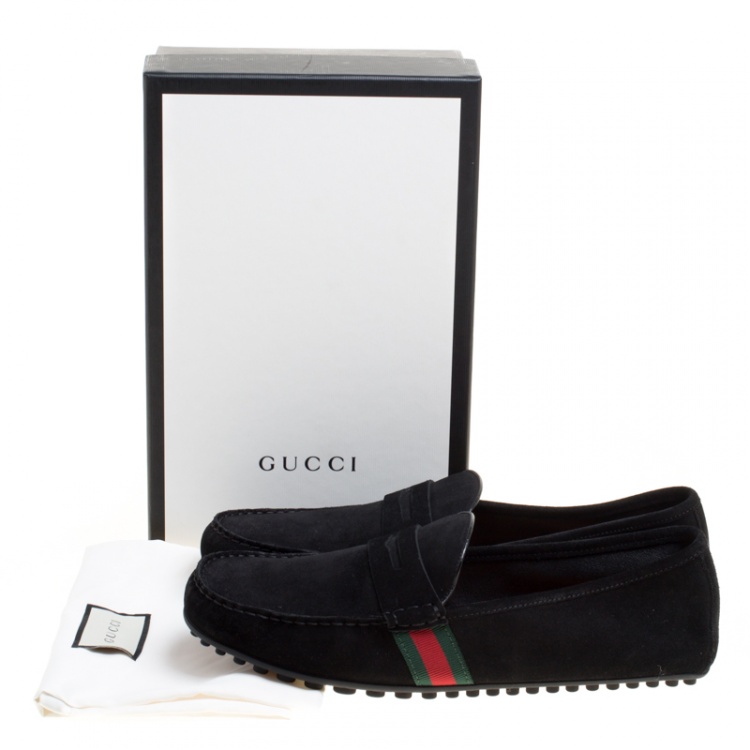 Pre Owned Gucci Black Suede Web Trim Detail Loafers Size 46.5