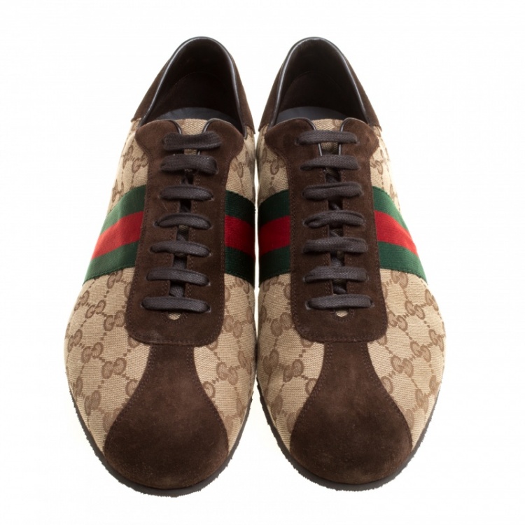 Pre Owned Gucci Beige Guccisima Canvas and Suede Web Detail Sneakers Size 46.5
