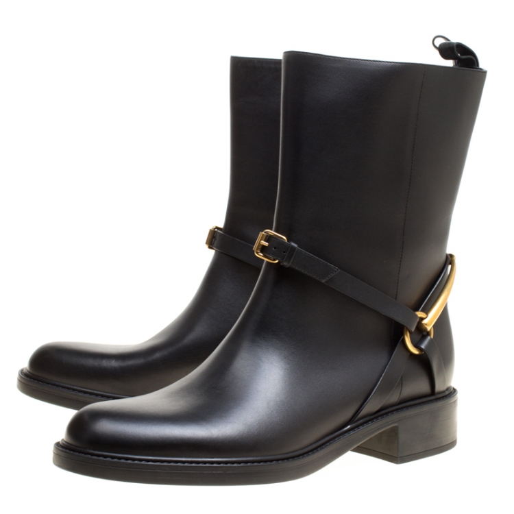 Pre Owned Gucci Black Leather Tess Horsebit Ankle Boots Size 41