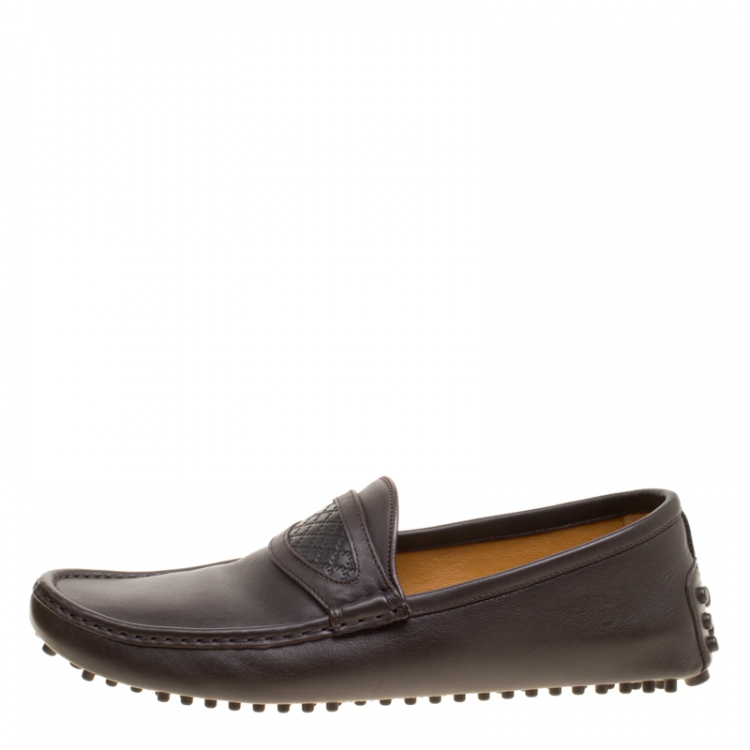 Pre Owned Gucci Brown Leather Diamante Detail Loafers Size 44.5