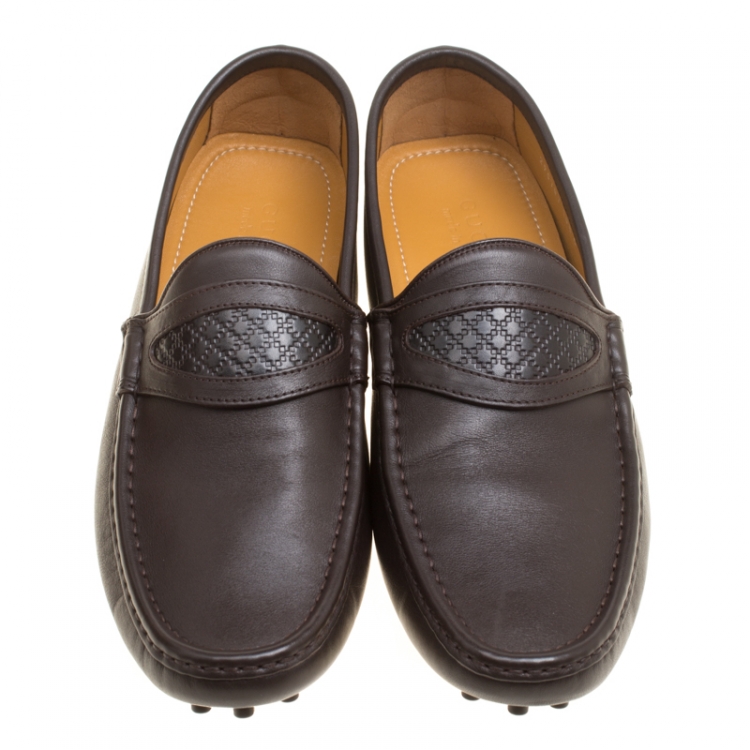 Pre Owned Gucci Brown Leather Diamante Detail Loafers Size 44.5
