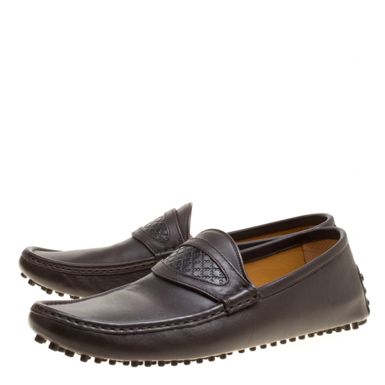 Pre Owned Gucci Brown Leather Diamante Detail Loafers Size 44.5
