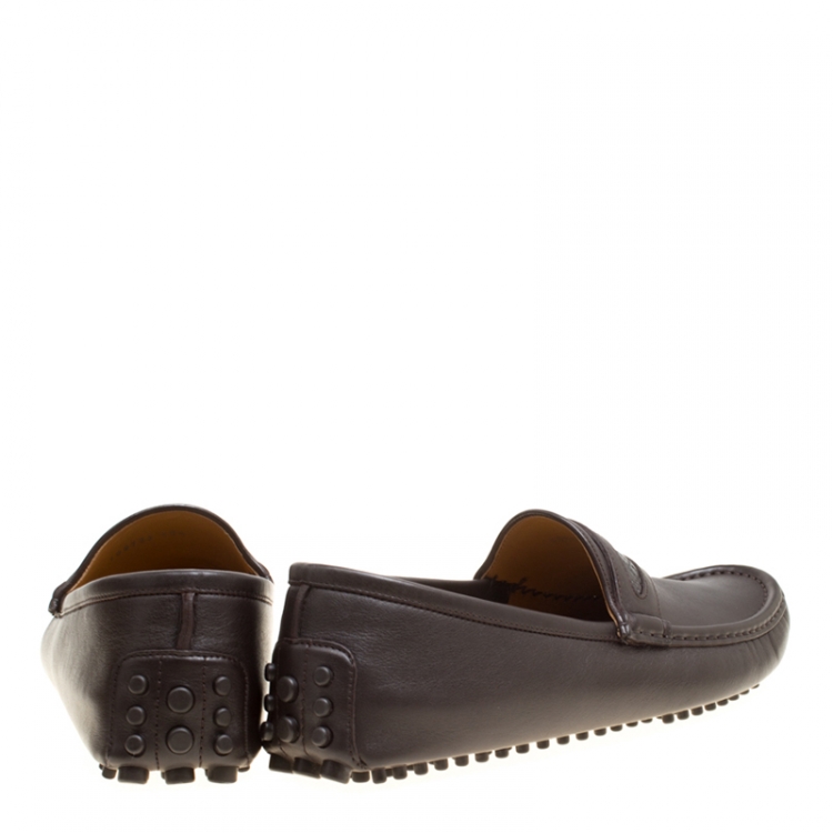 Pre Owned Gucci Brown Leather Diamante Detail Loafers Size 44.5