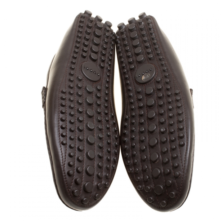 Pre Owned Gucci Brown Leather Diamante Detail Loafers Size 44.5