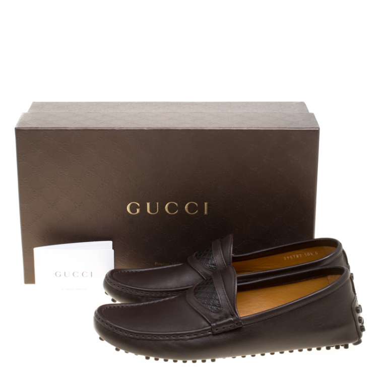 Pre Owned Gucci Brown Leather Diamante Detail Loafers Size 44.5