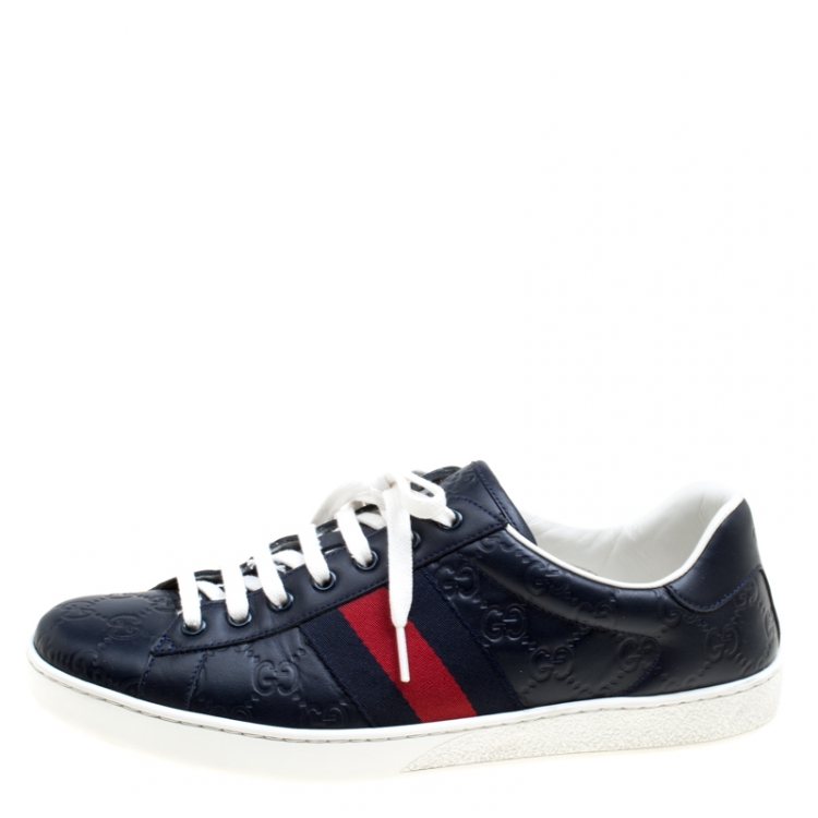 Pre Owned Gucci Blue Guccissima Leather Ace Low Top Sneakers Size 43