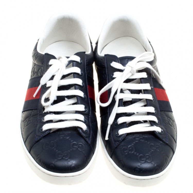 Pre Owned Gucci Blue Guccissima Leather Ace Low Top Sneakers Size 43