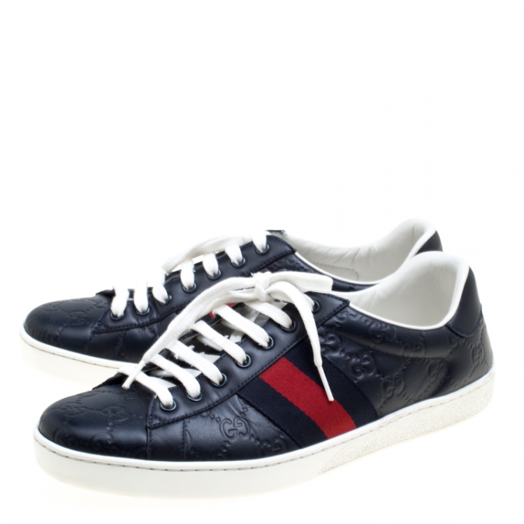 Pre Owned Gucci Blue Guccissima Leather Ace Low Top Sneakers Size 43